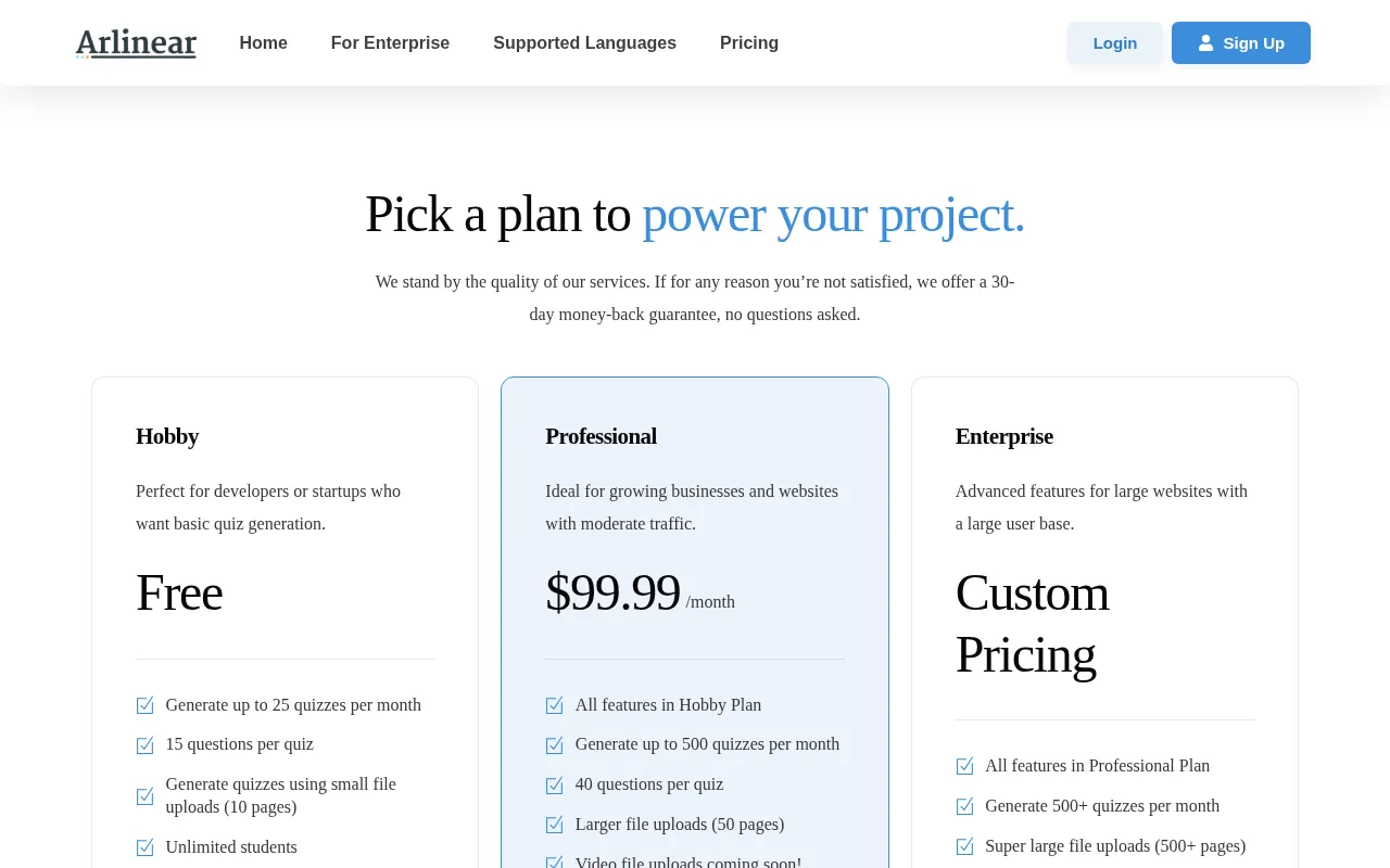 Arlinear — pricing page
