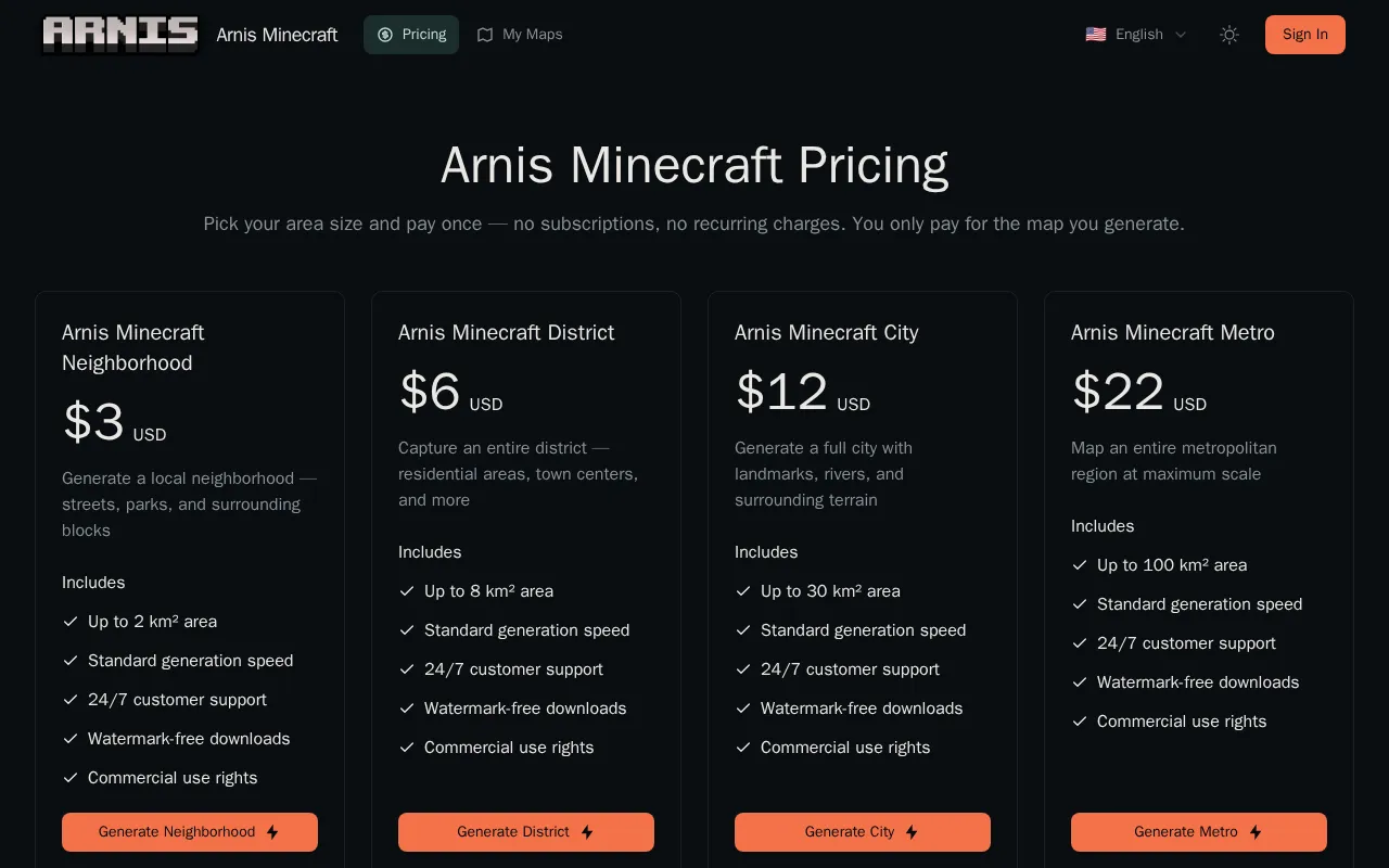 Arnis Minecraft — pricing page