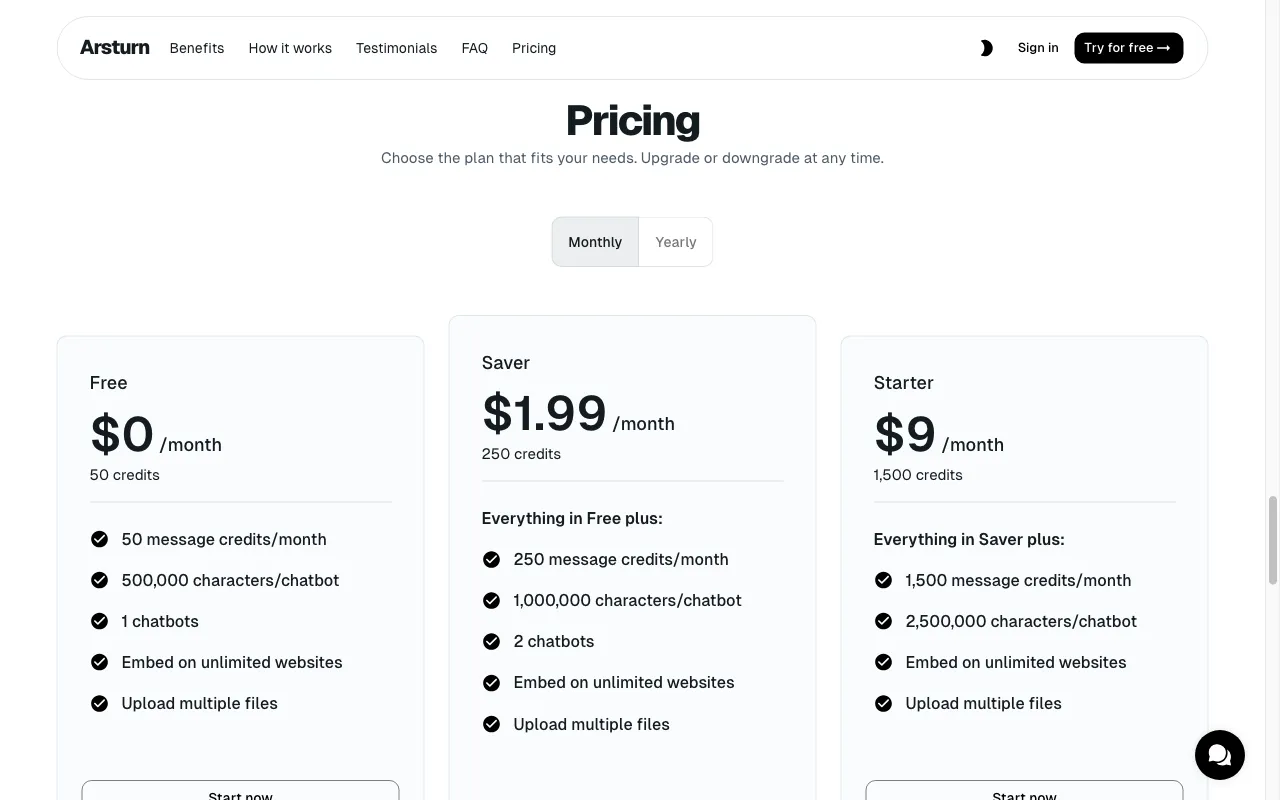 Arsturn AI — pricing page