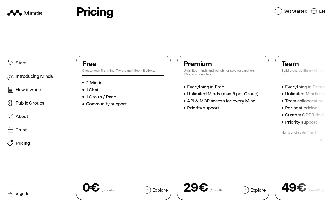 Minds — pricing page