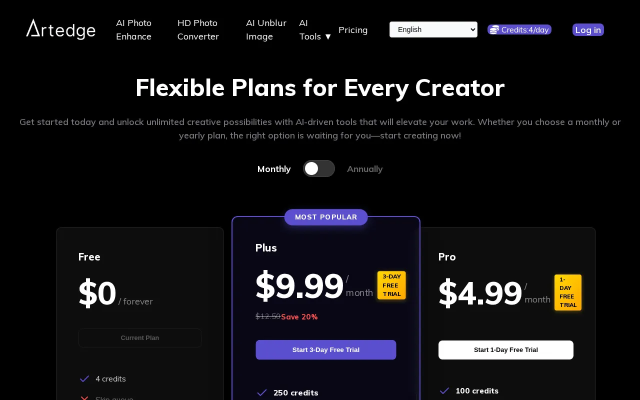 Artedge AI — pricing page