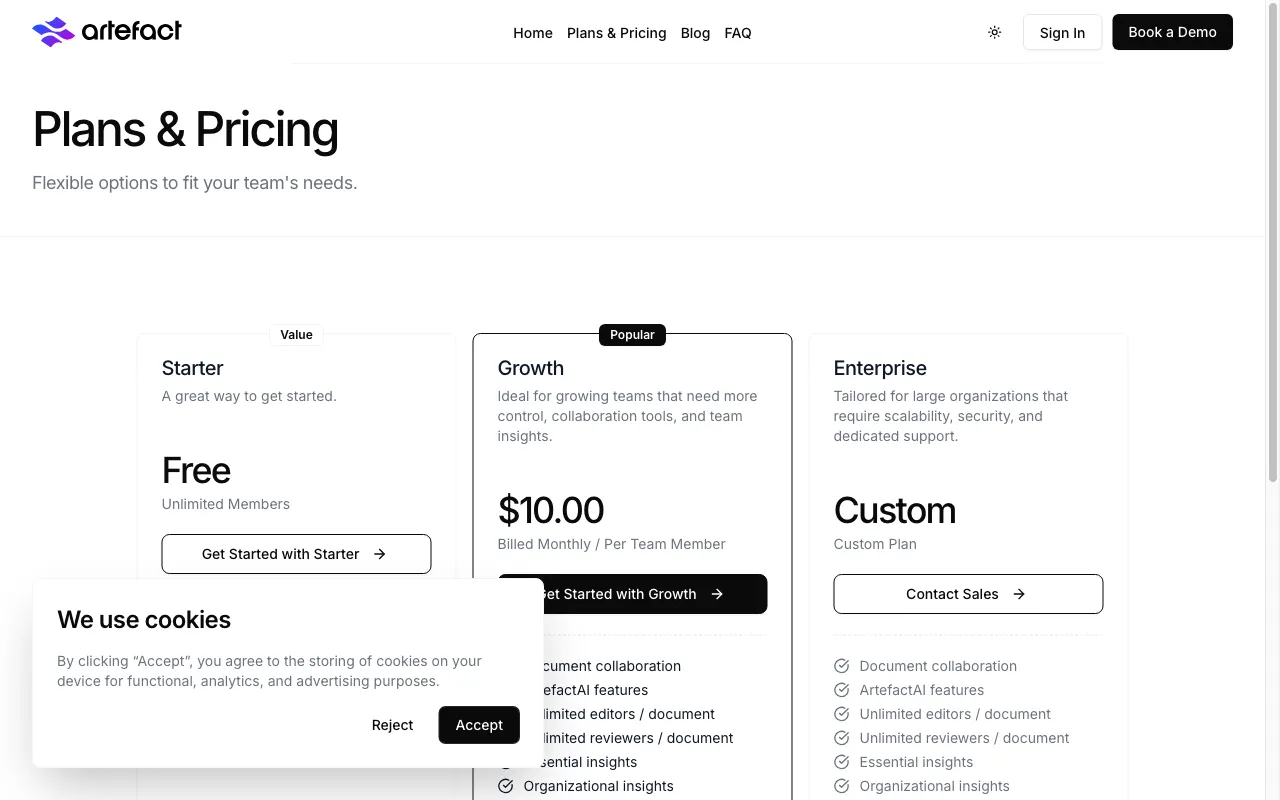 Artefact — pricing page