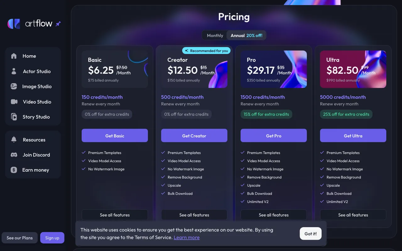 Artflow ai — pricing page