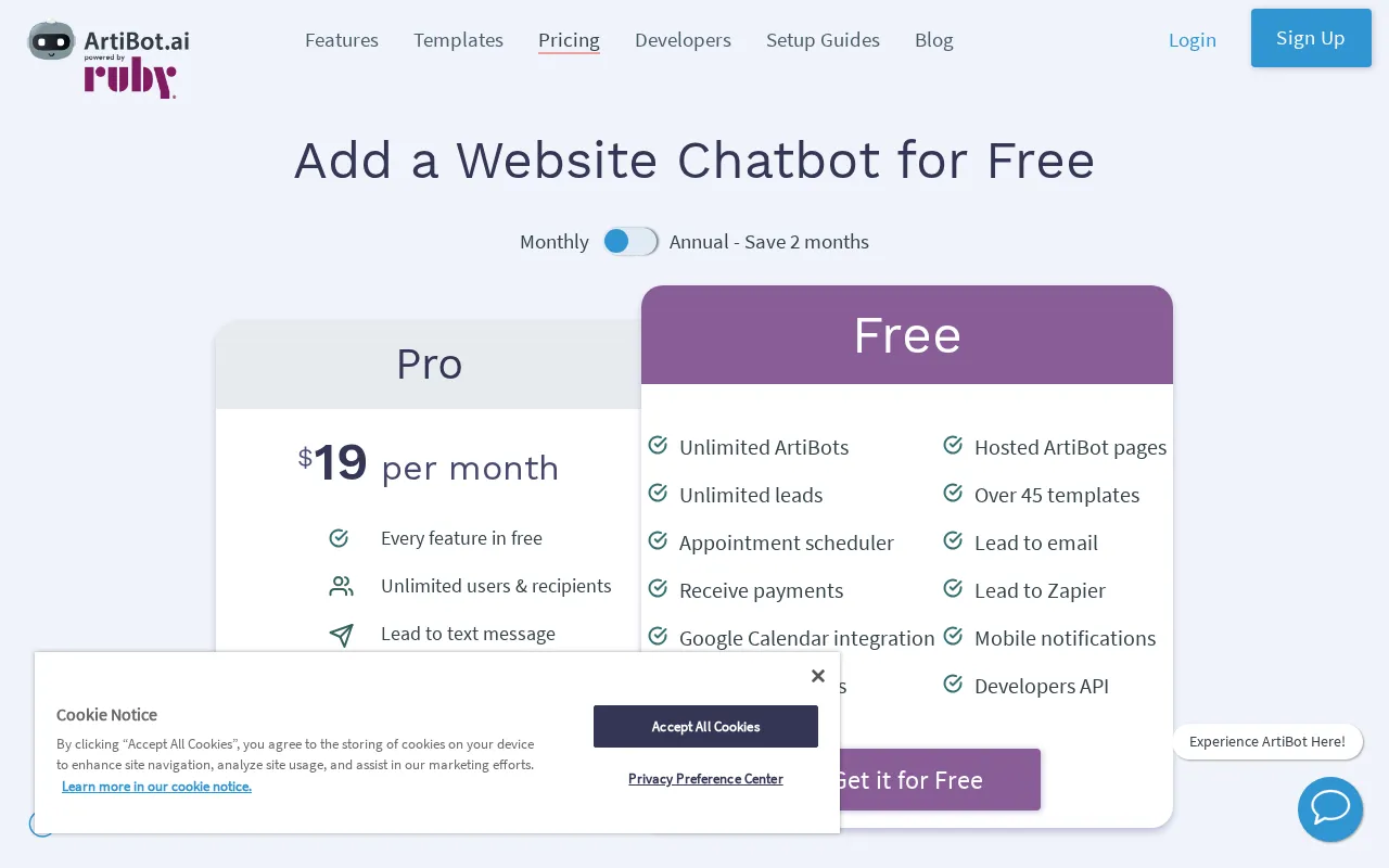 ArtiBot AI — pricing page