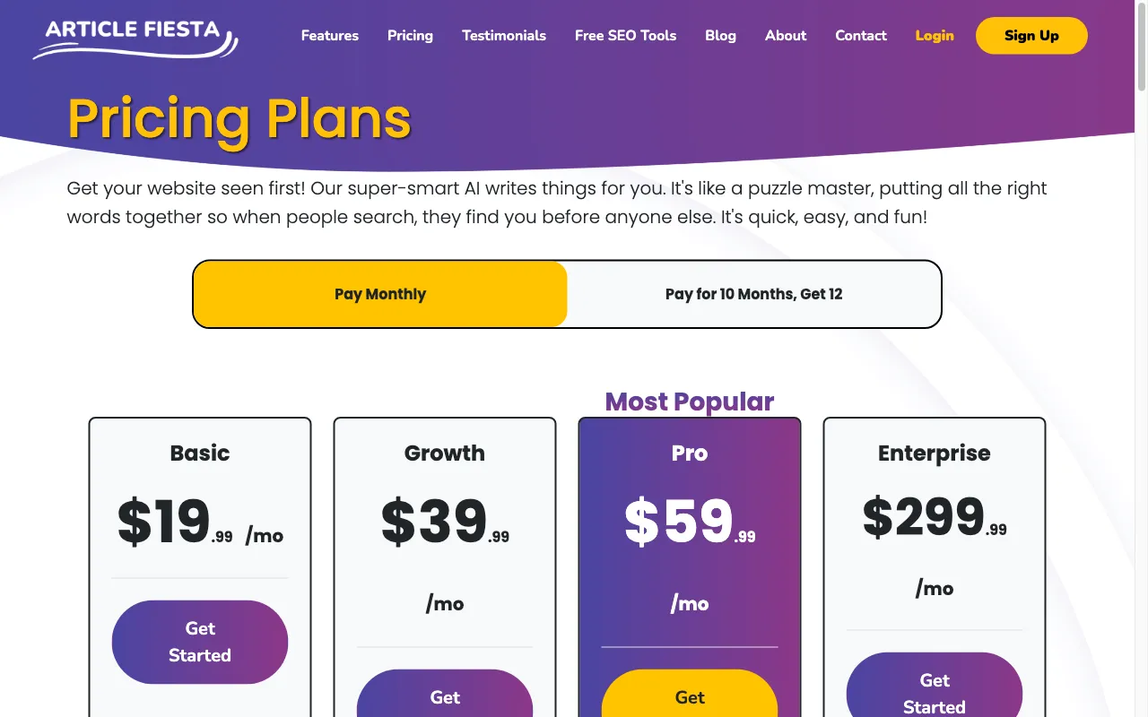 Article Fiesta — pricing page