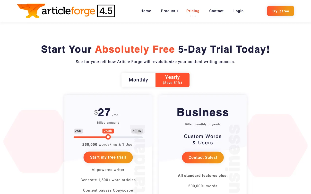 Article Forge — pricing page