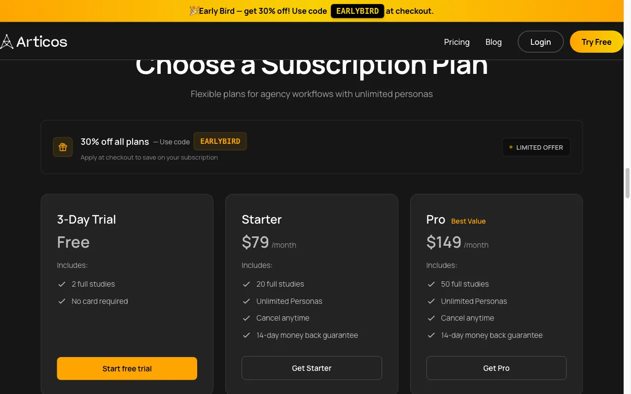 Articos — pricing page