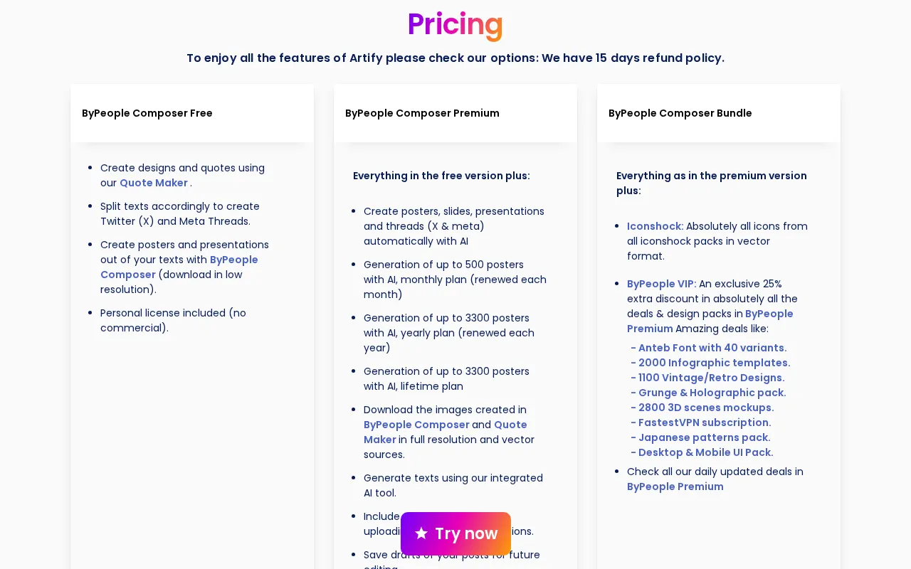 Artify — pricing page