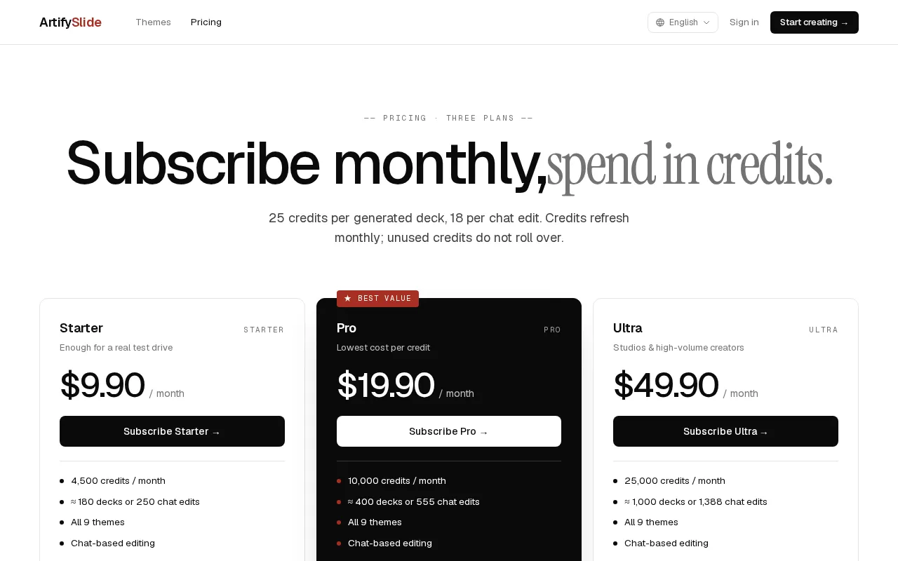 ArtifySlide — pricing page