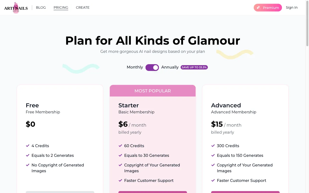 Artinails — pricing page