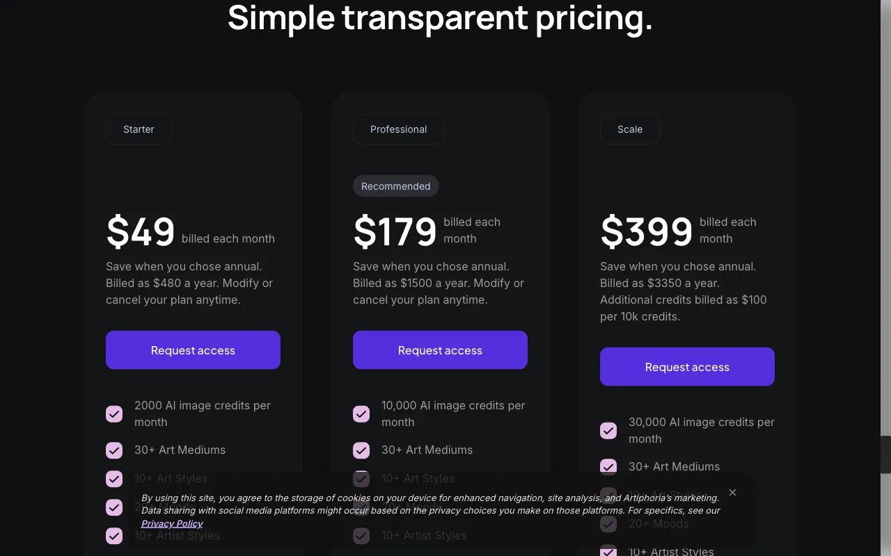 artiphoria AI — pricing page