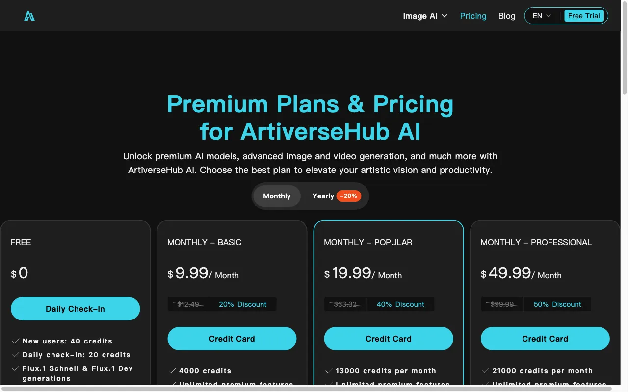 ArtiverseHub AI Image Generator — pricing page