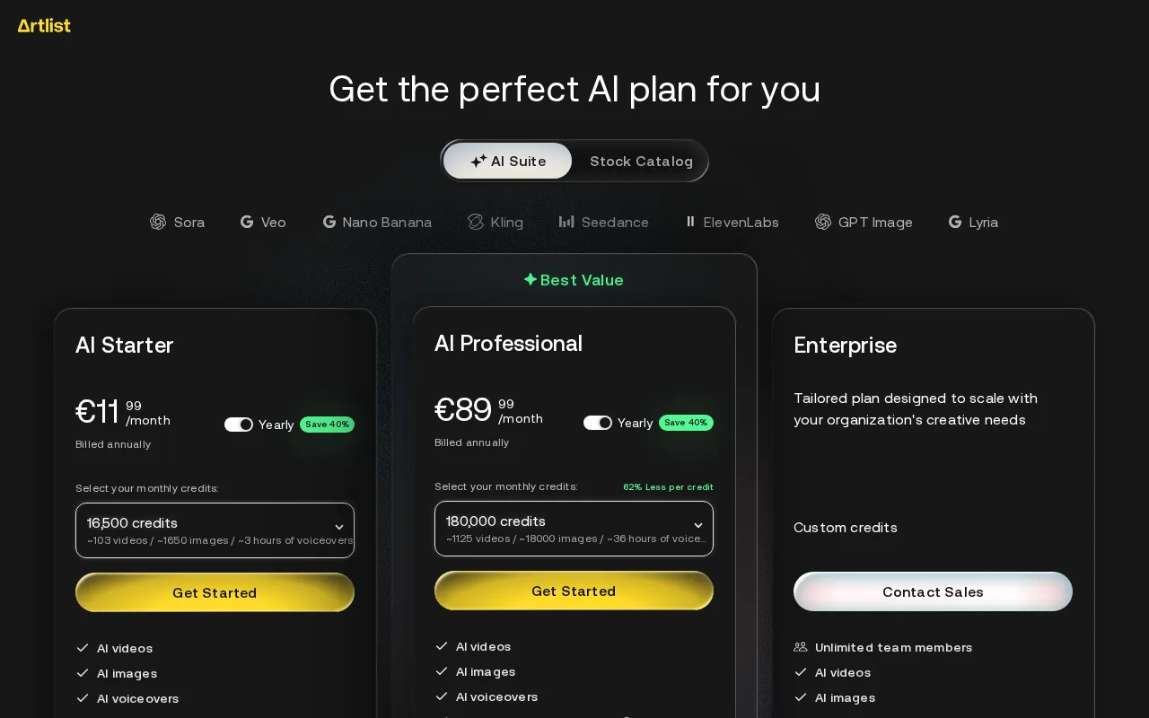 Artlist — pricing page