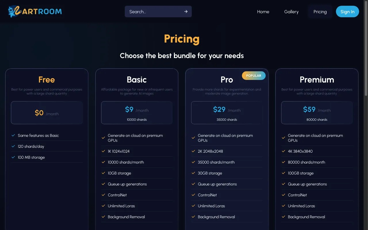 ArtroomAI — pricing page