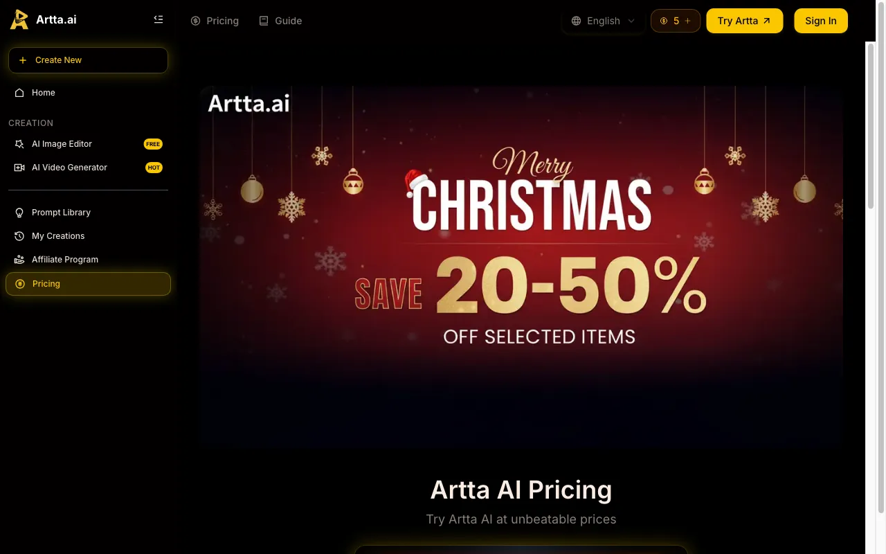 Artta AI — pricing page