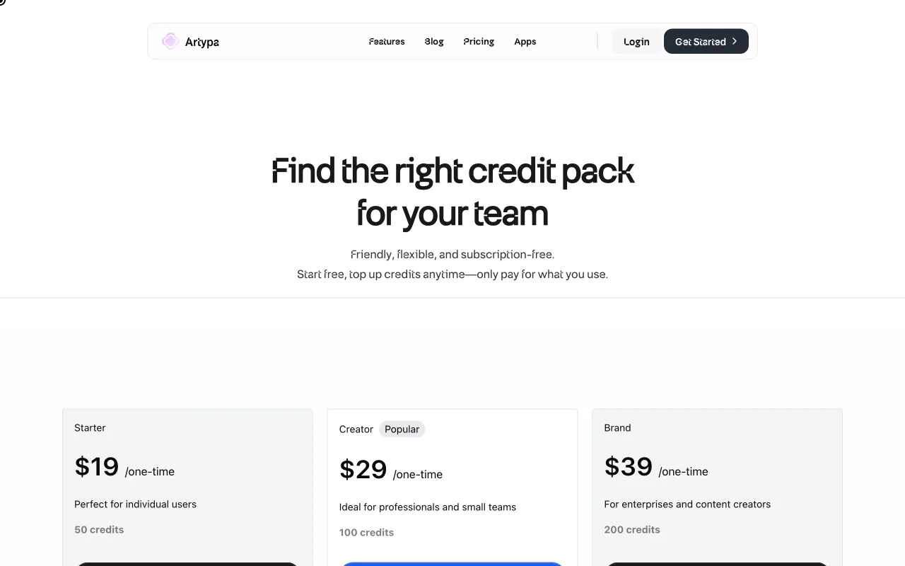 Artypa — pricing page