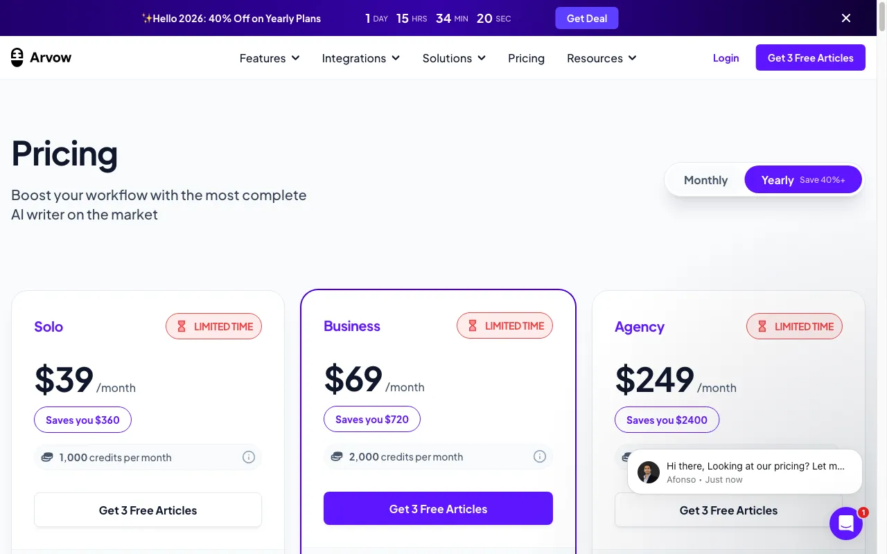 Arvow — pricing page