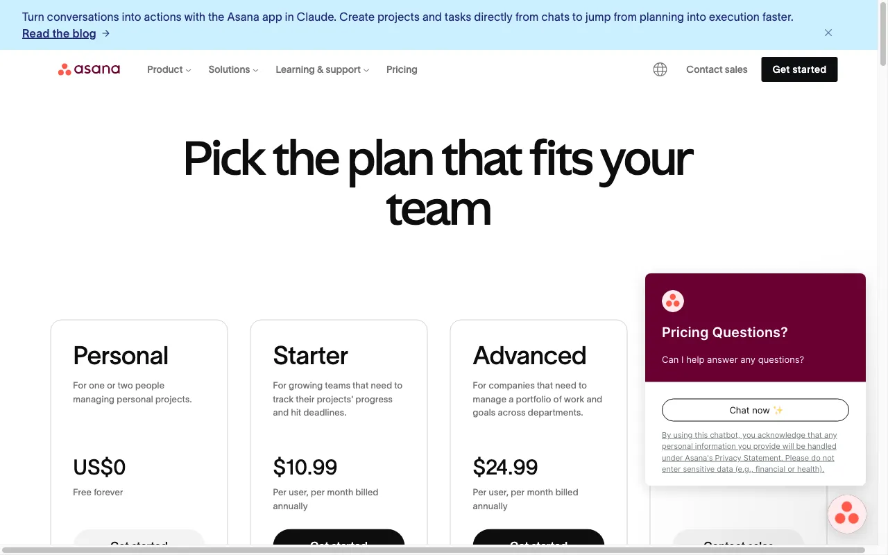 Asana — pricing page