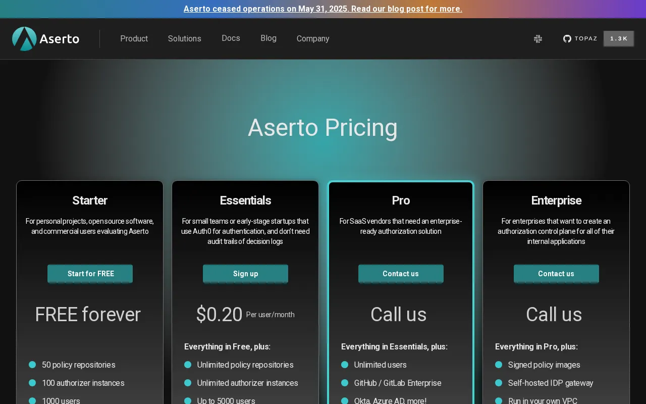 Fine-grained authorization service for applications and APIs — pricing page