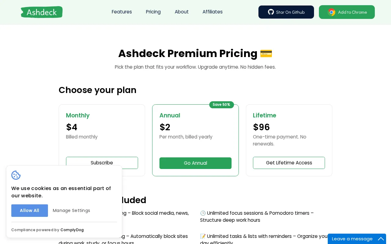 Ashdeck — pricing page