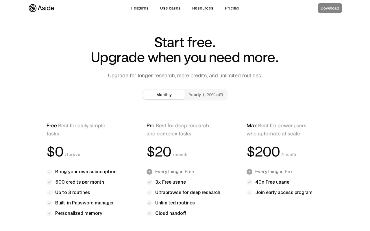 Aside — pricing page