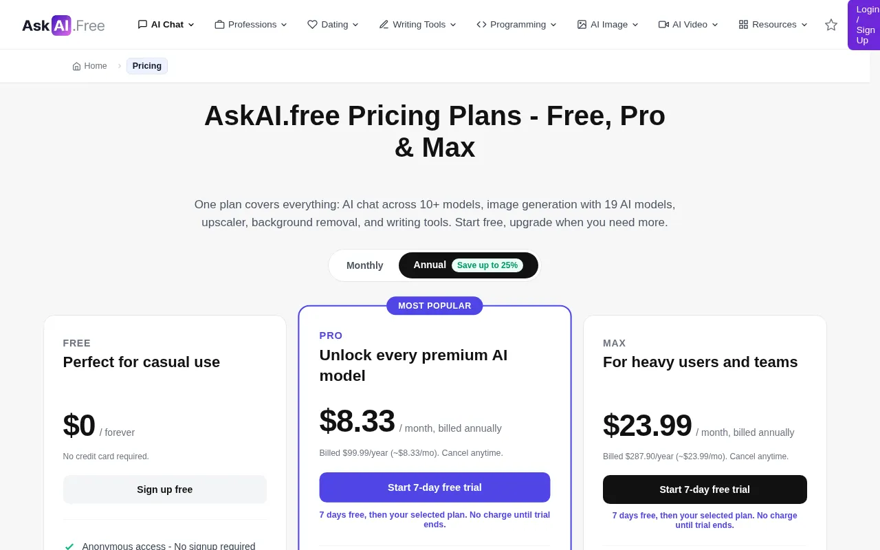 AskAI.Free — pricing page