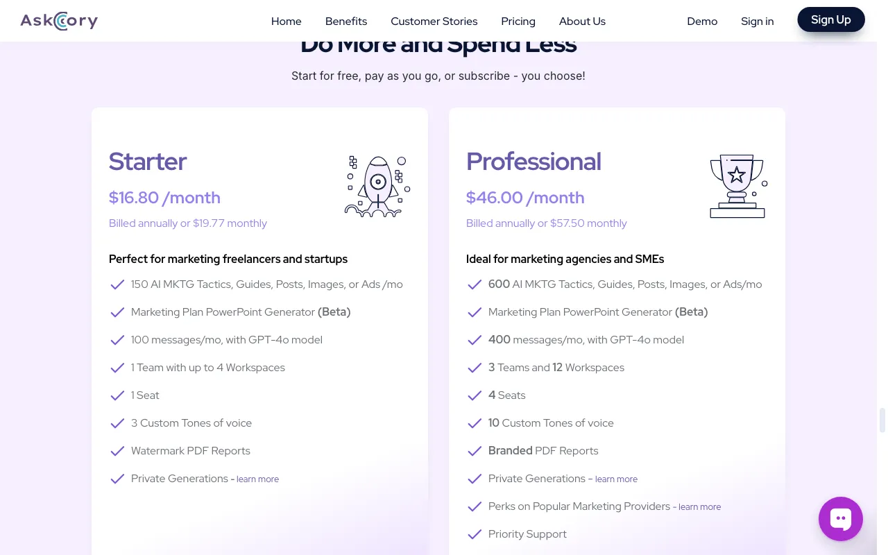 AskCory.ai — pricing page