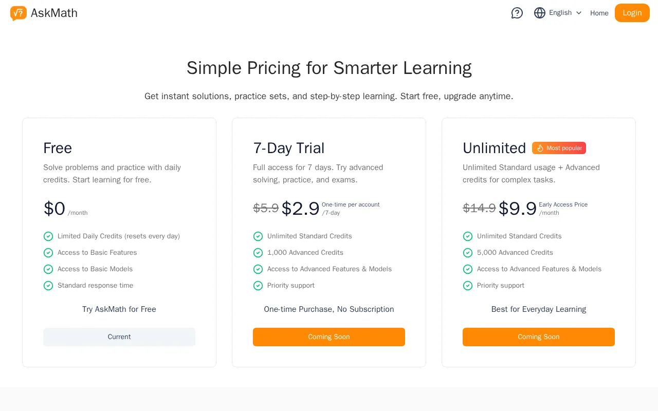 Askmath — pricing page