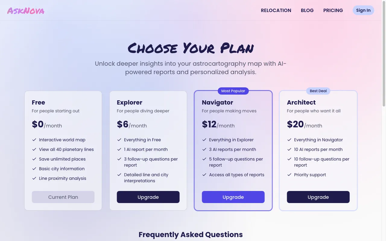 AskNova Astrocartography — pricing page