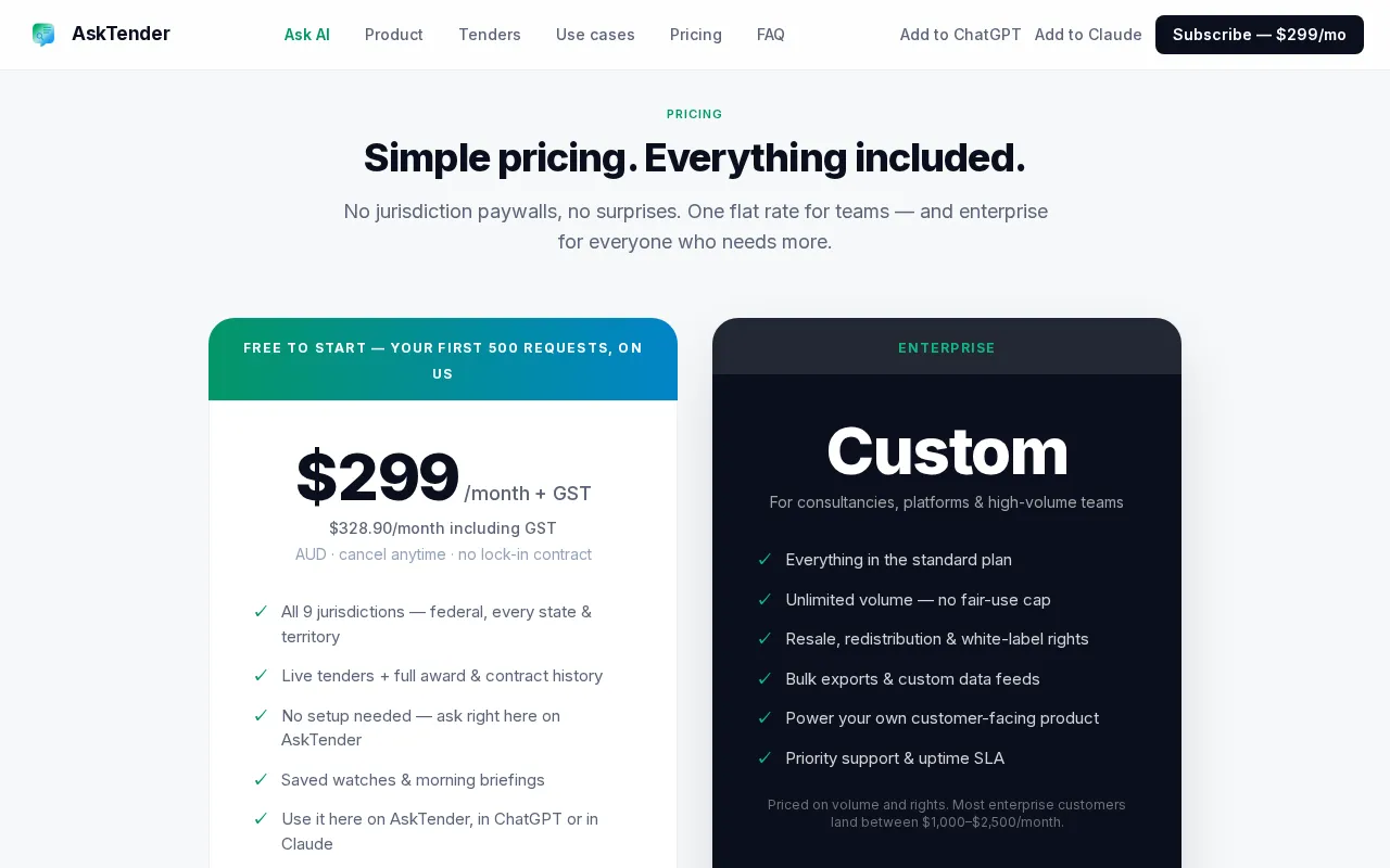 AskTender — pricing page