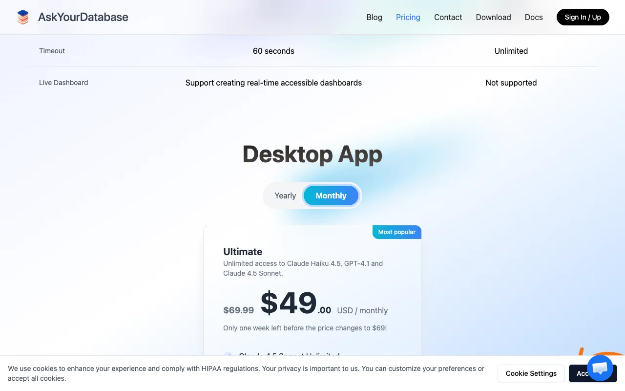 AskYourDatabase — pricing page