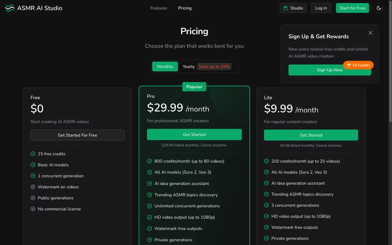 ASMR AI Studio — pricing page