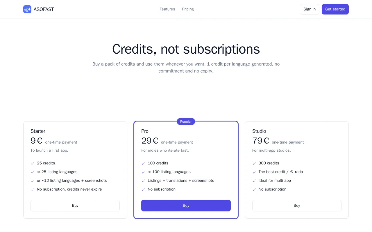 ASOFAST — pricing page
