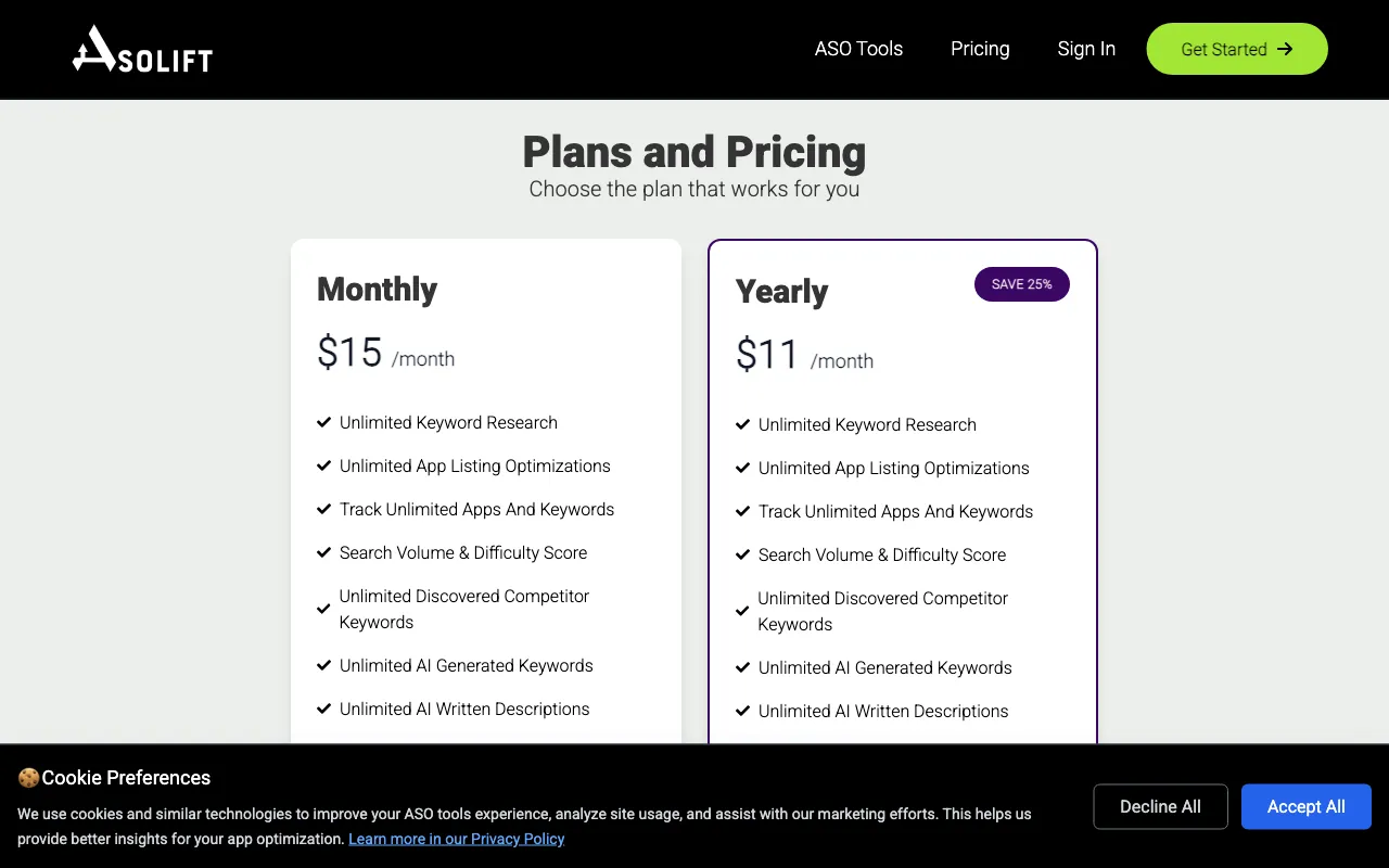 AsoLift — pricing page