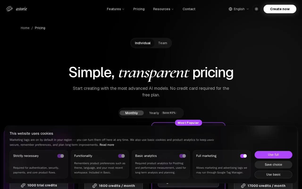 Astorie — pricing page