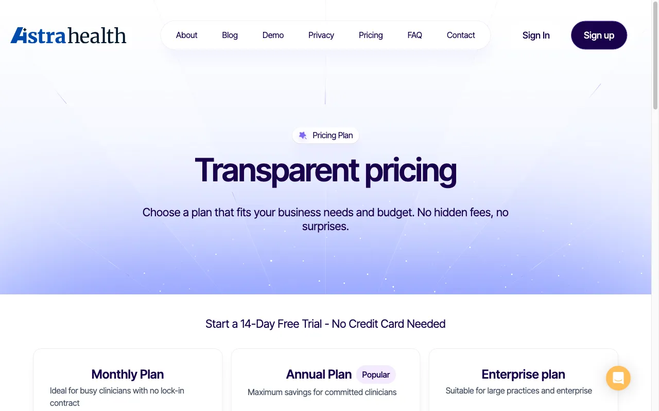 Astra Health AI — pricing page