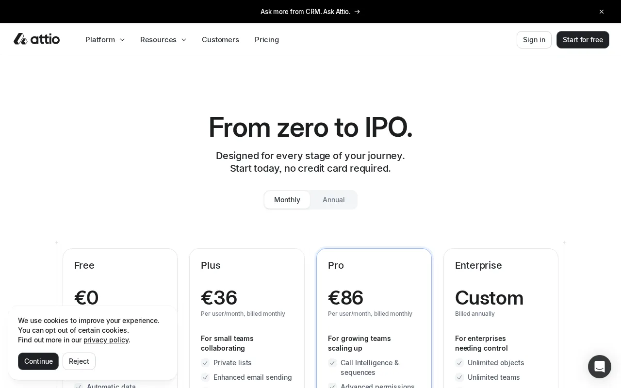 Attio — pricing page