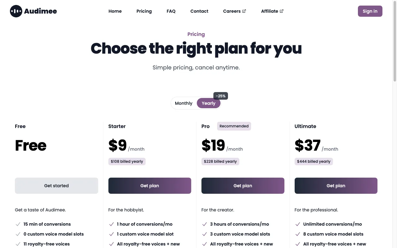 Audimee — pricing page
