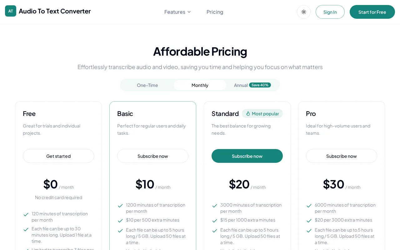 Audio To Text Converter — pricing page