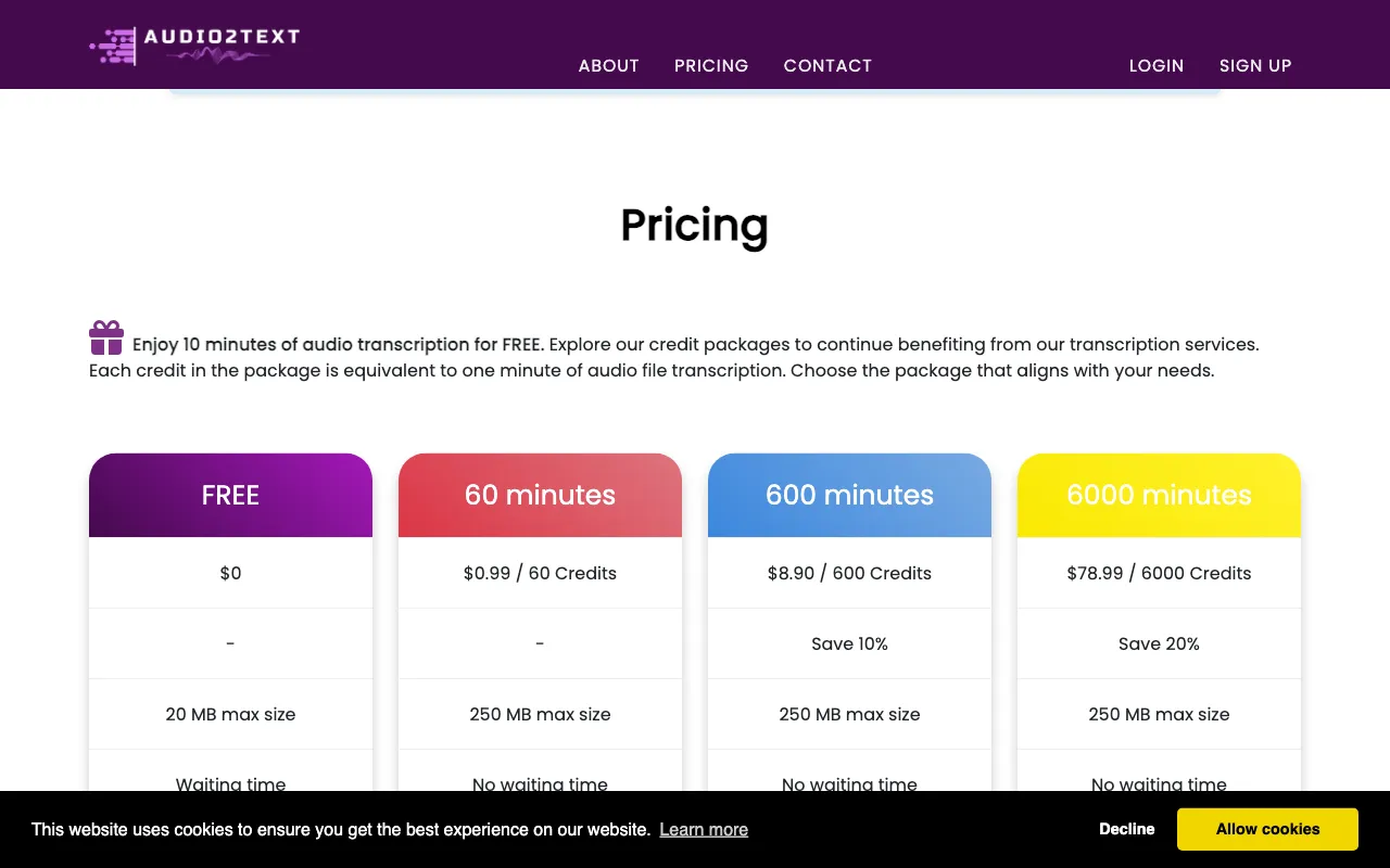 audio2text — pricing page