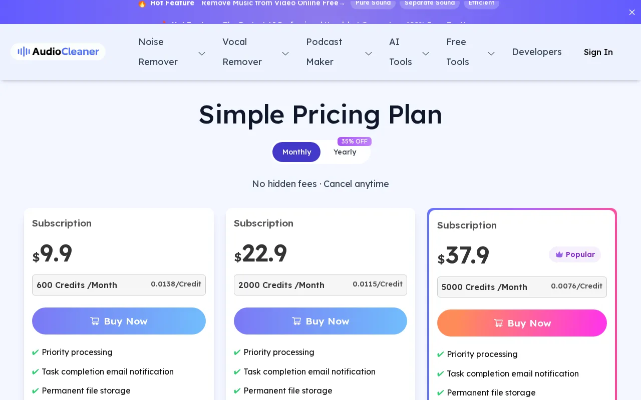 Audiocleaner — pricing page