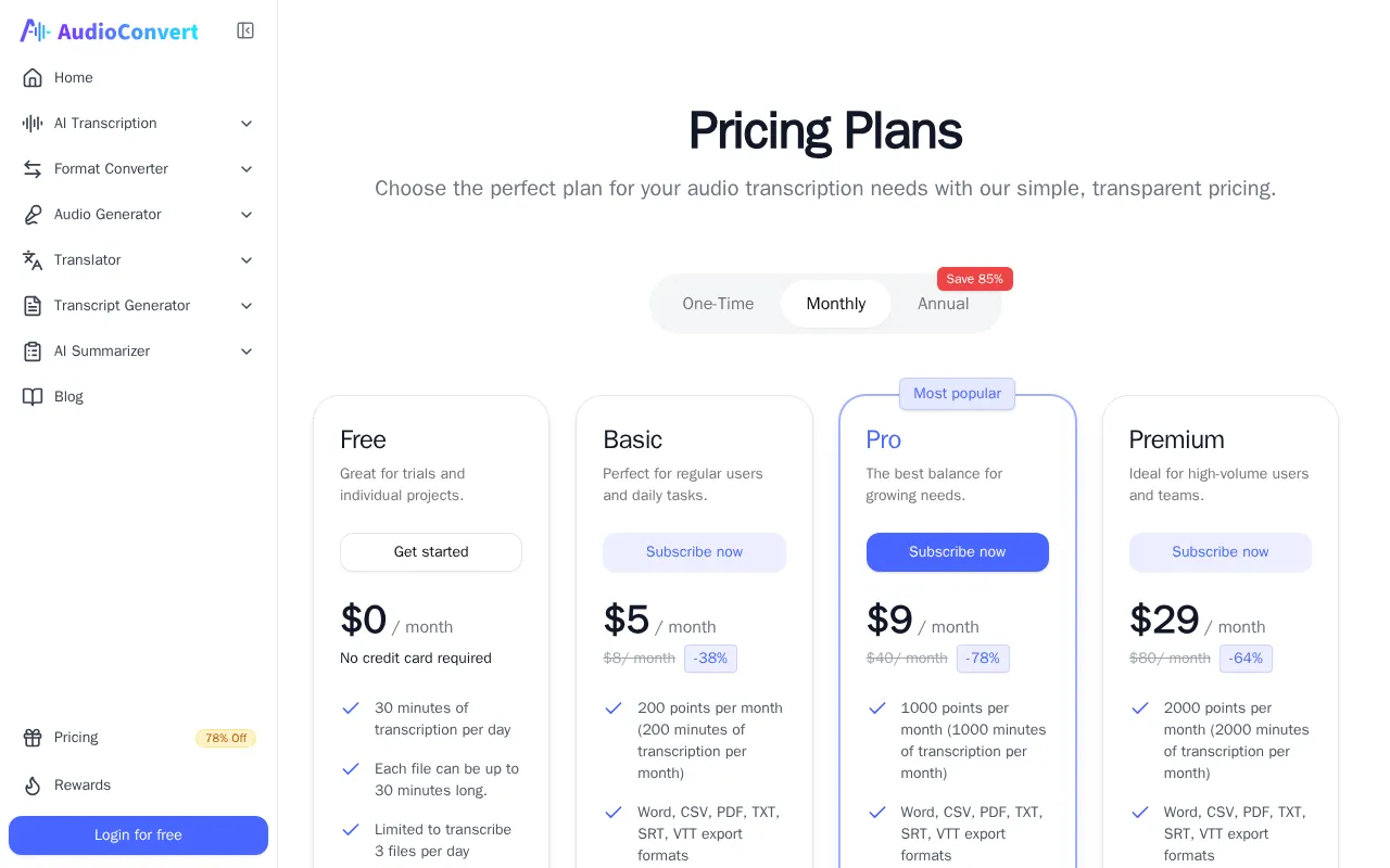 AudioConvert — pricing page