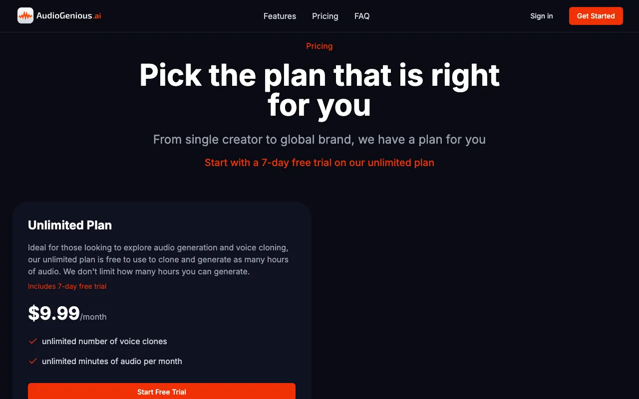 AudioGenius.ai — pricing page