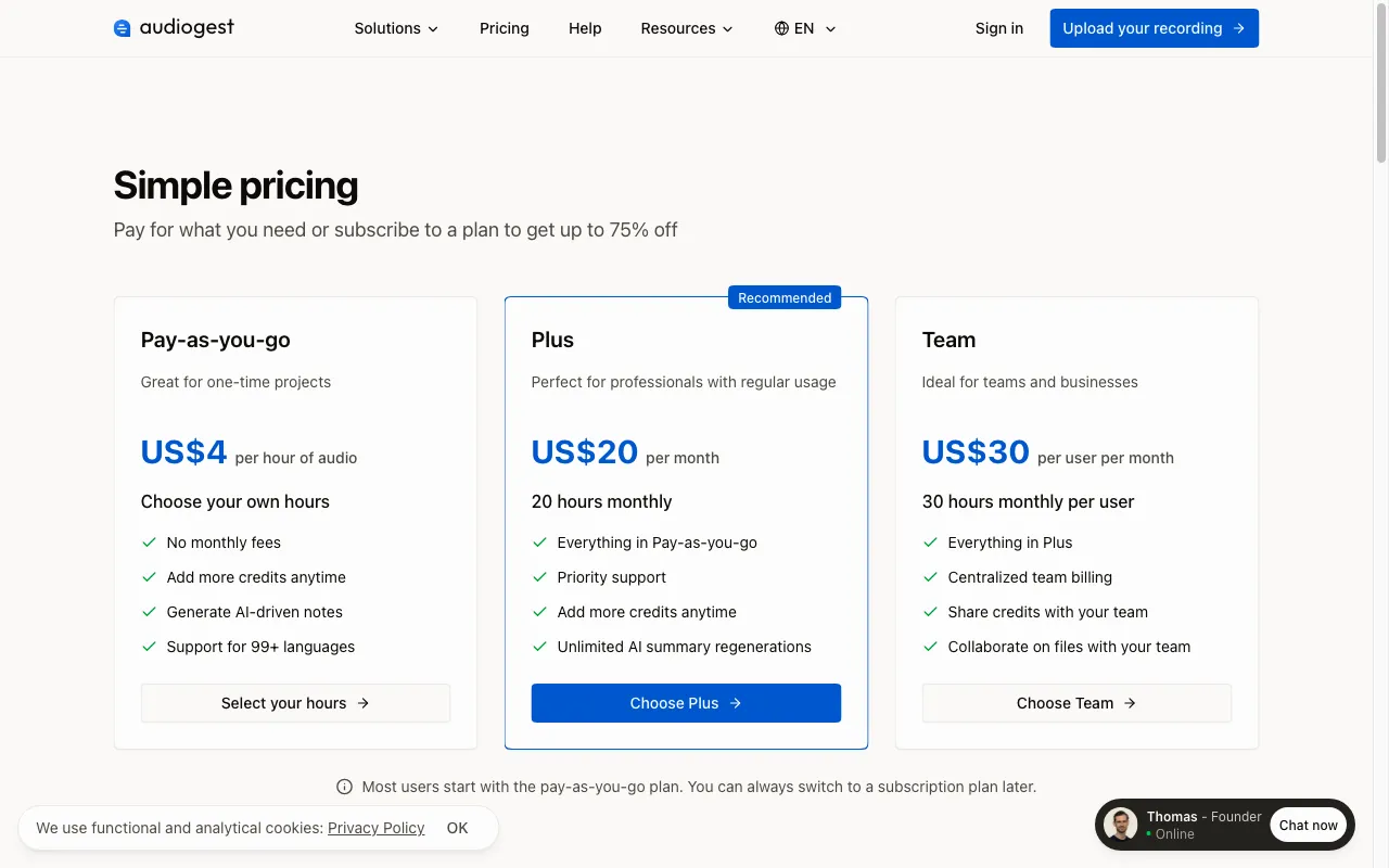 Audiogest.app — pricing page