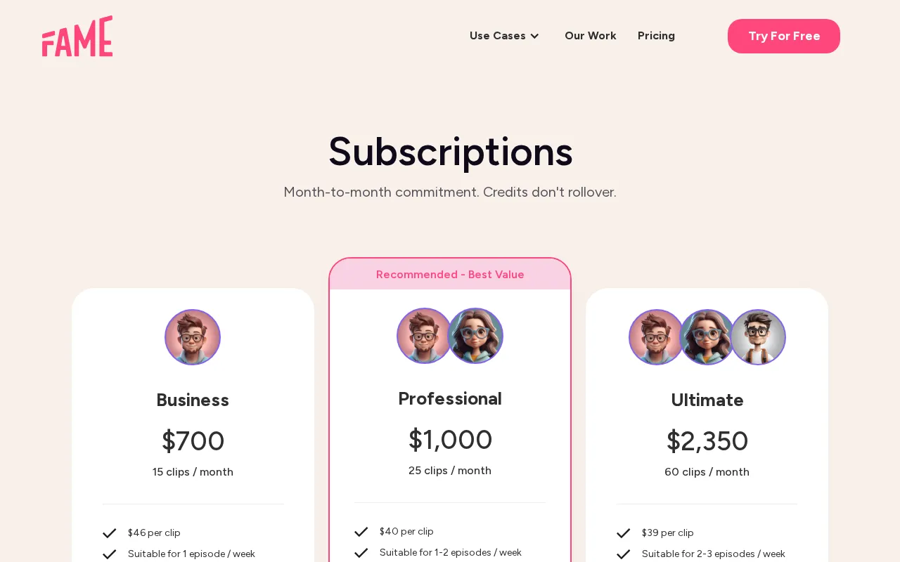 Fame — pricing page