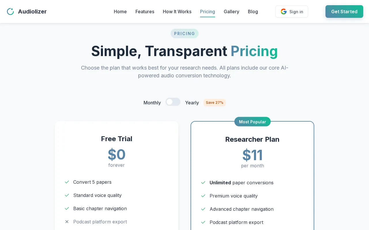 Audiolizer — pricing page