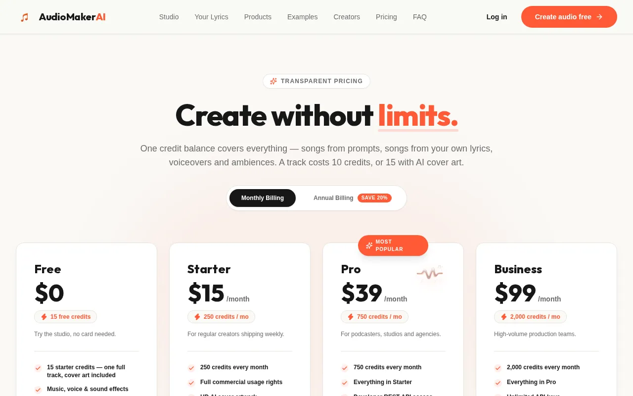 AudioMaker AI — pricing page