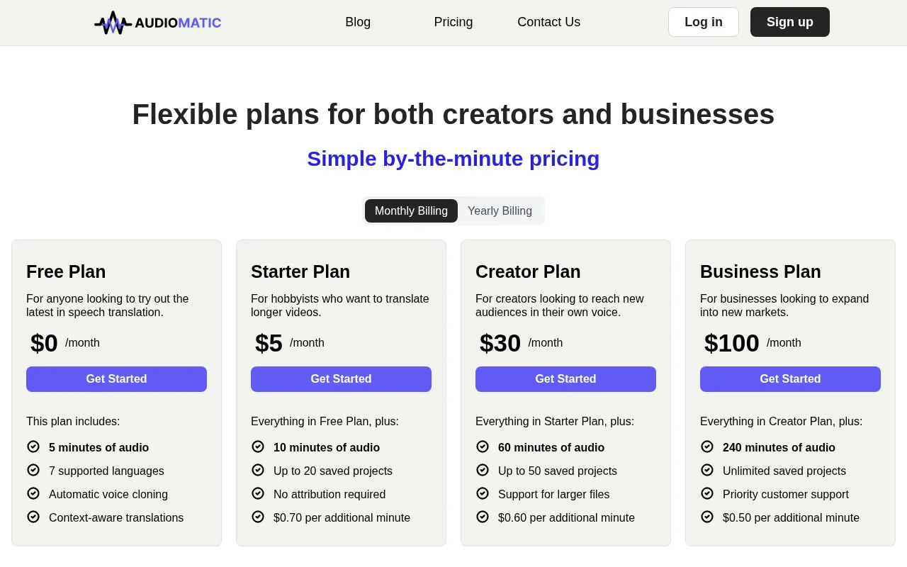 Audiomatic — pricing page