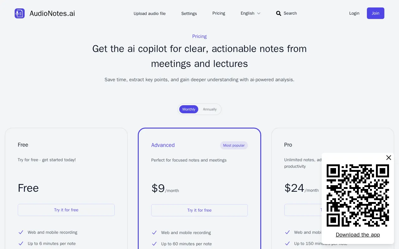 Audionotes — pricing page