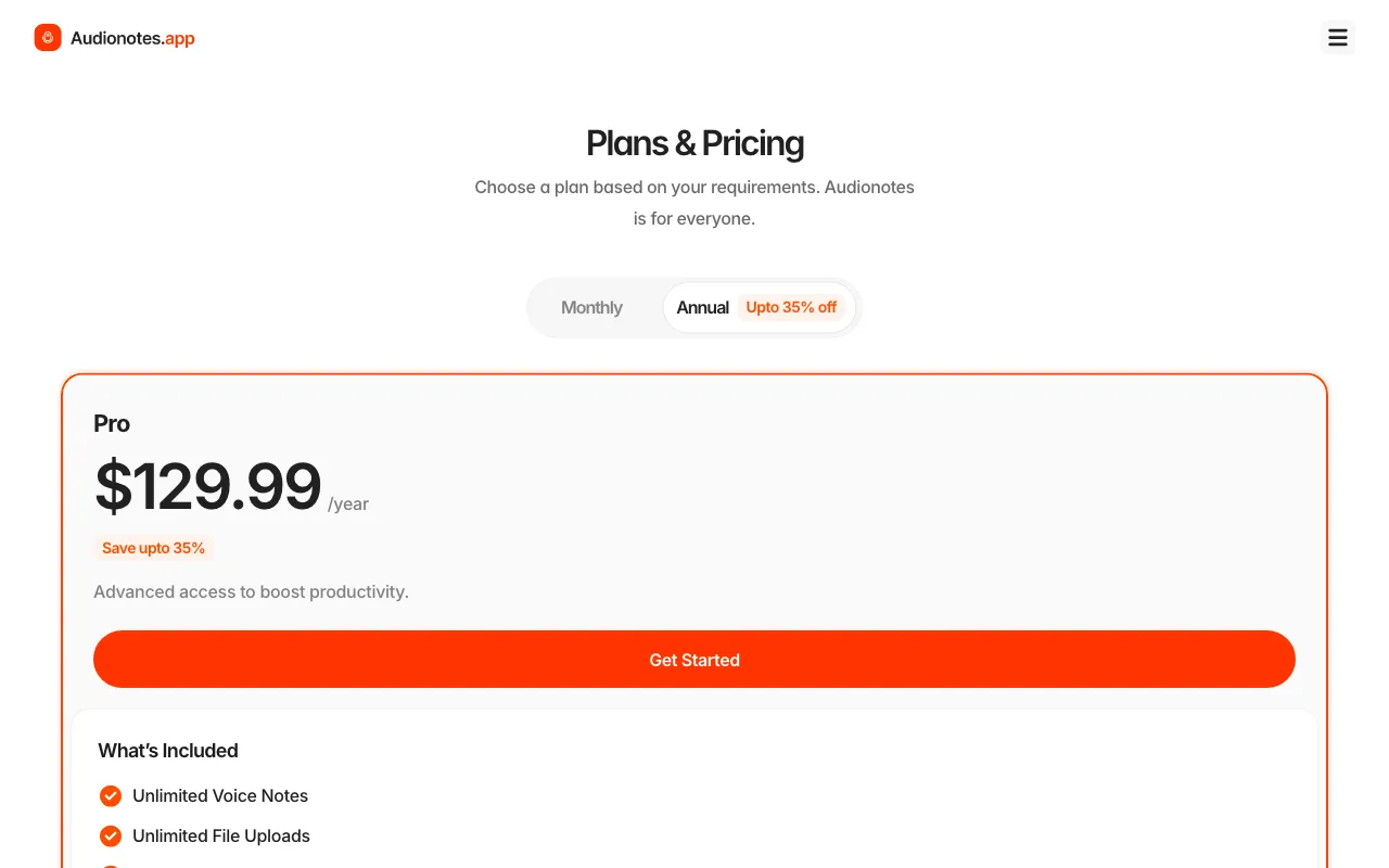 AudioNotes — pricing page